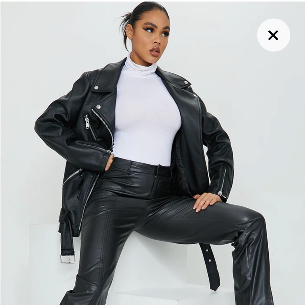 Black Oversized Faux Leather Biker Jacket